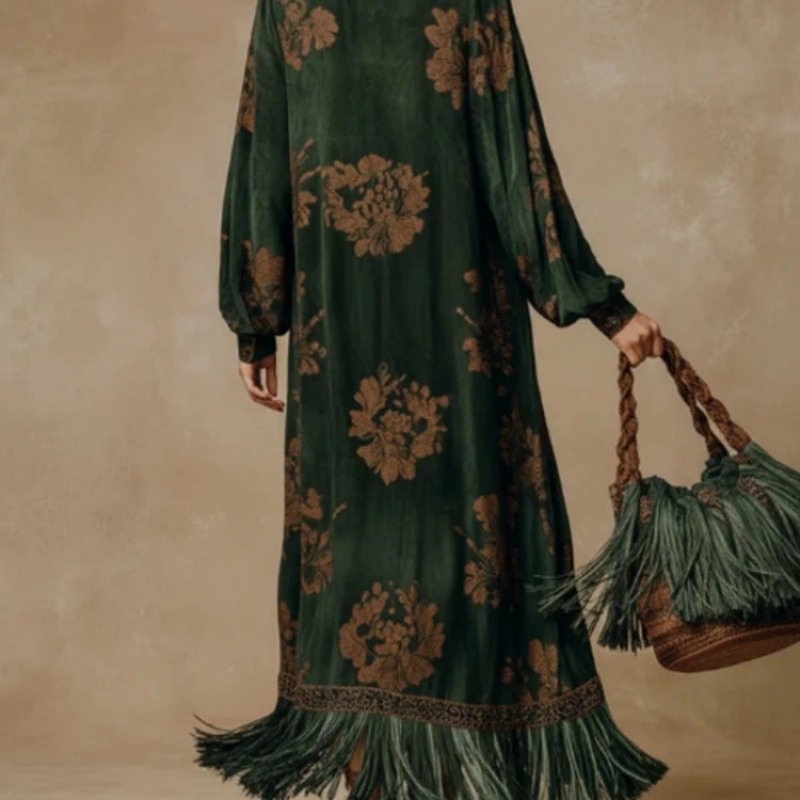 Elegant Women Suede Dress Fringe Hem Loose V Neck Long Sleeve Boho High Waist Flower Print Evening Party Maxi Dresses - Image 2