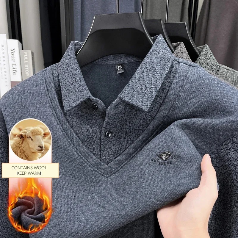 BROWON Winter Male Clothing 2025 Men Long Sleeve T-shirt Plus Velvet Warm Luxury Tshirt Men Turndown Collar Fake Two Man Tops