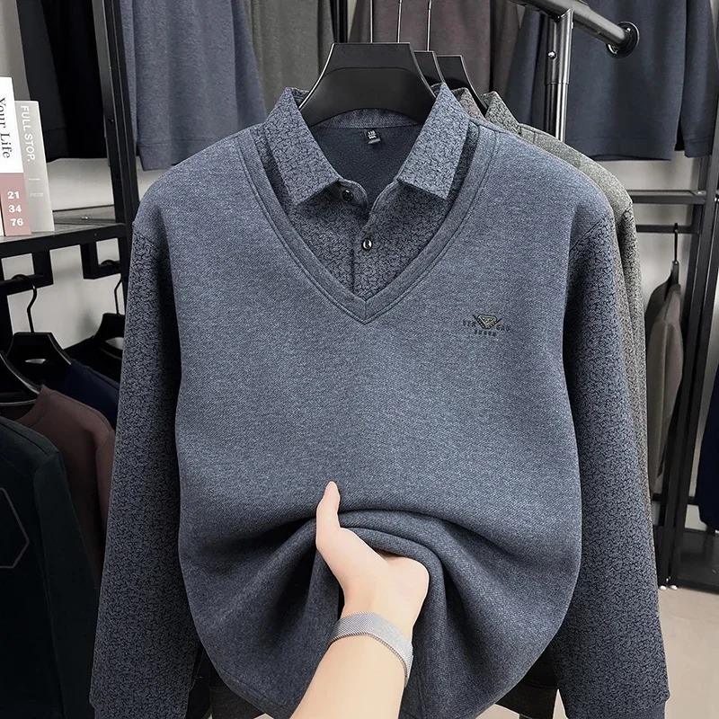 BROWON Winter Male Clothing 2025 Men Long Sleeve T-shirt Plus Velvet Warm Luxury Tshirt Men Turndown Collar Fake Two Man Tops - Image 4