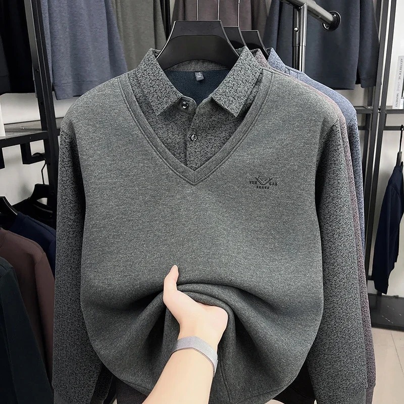 BROWON Winter Male Clothing 2025 Men Long Sleeve T-shirt Plus Velvet Warm Luxury Tshirt Men Turndown Collar Fake Two Man Tops - Image 5