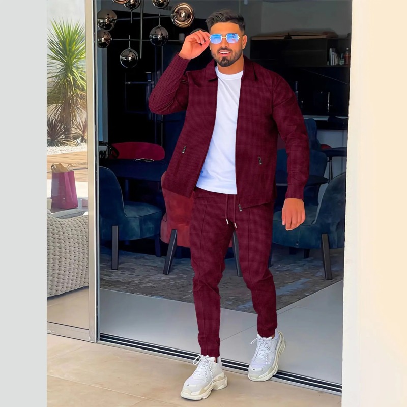 Autumnwinter men's casual blazer set new fashion Waffle baseball suit round neck pocket zipper long sleeve trousers two-piece se - Image 5