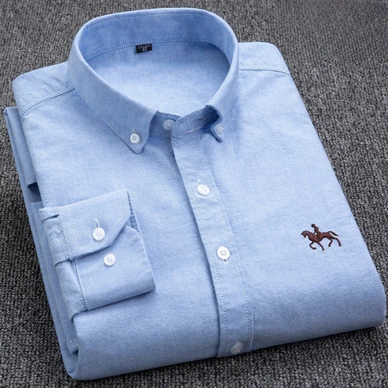 Casual cotton men's shirt slim fit horse logo bottom inch shirt Oxford spinning long sleeved striped shirt - Image 2