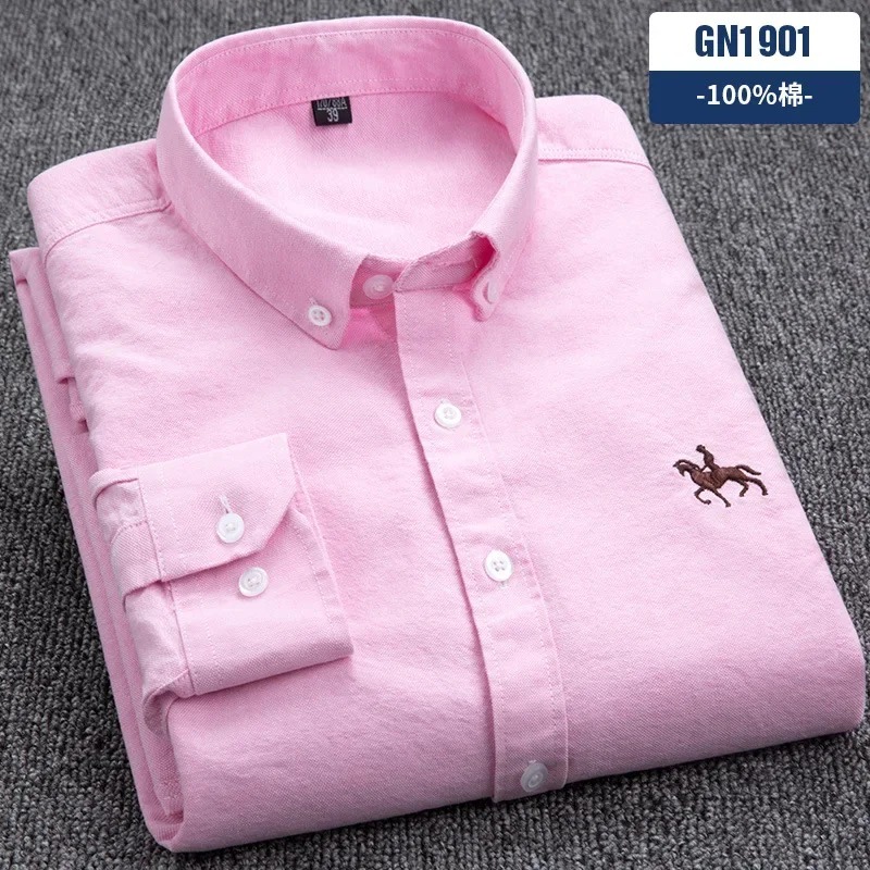 Casual cotton men's shirt slim fit horse logo bottom inch shirt Oxford spinning long sleeved striped shirt - Image 3