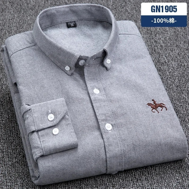 Casual cotton men's shirt slim fit horse logo bottom inch shirt Oxford spinning long sleeved striped shirt - Image 4