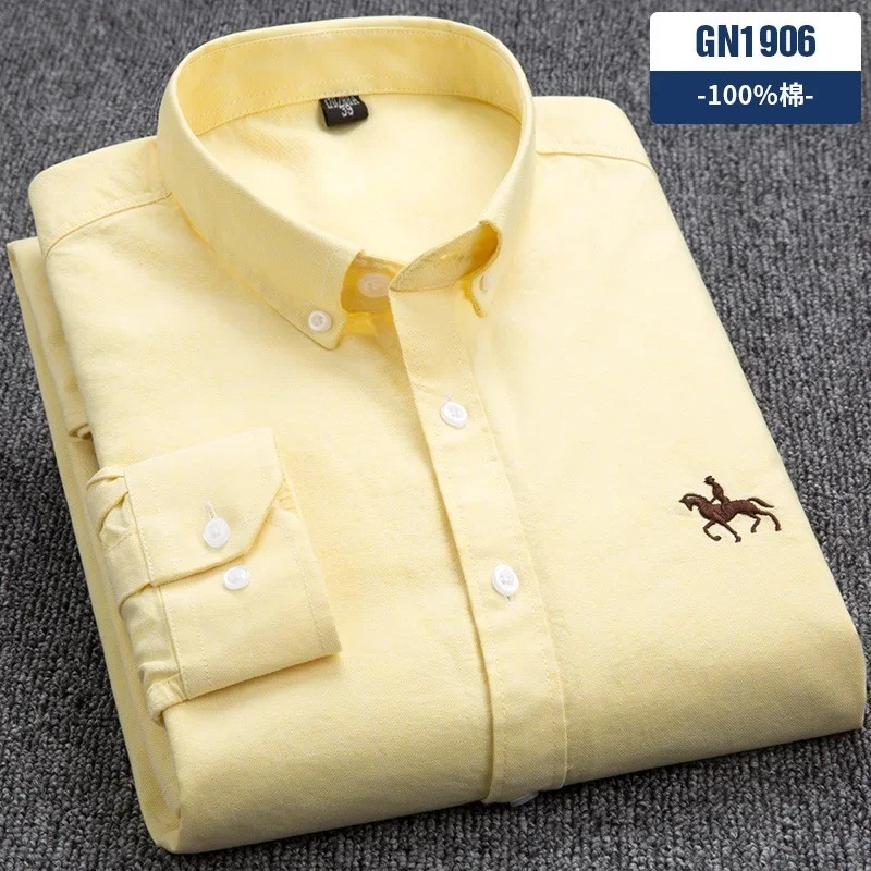 Casual cotton men's shirt slim fit horse logo bottom inch shirt Oxford spinning long sleeved striped shirt - Image 5