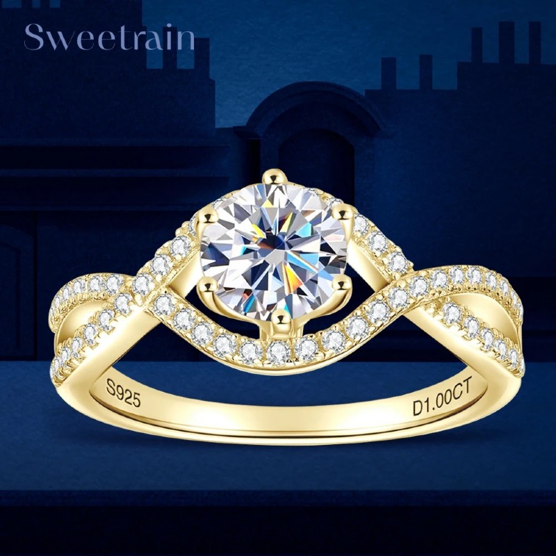 Sweetrain 1CT Moissanite Rings GRA Certified Diamond Band S925 Silver 18k Plated Engagement Wedding Ring for Women Brithday Gift
