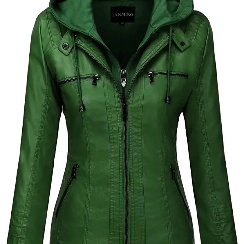 Hooded Leather Jacket Two-Piece Set Removable Large Size Leather Jacket for Women Spring & Fall Outwear for Women Pu Washed Leather - Image 4