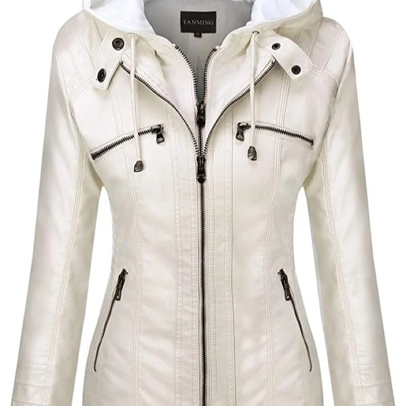 Hooded Leather Jacket Two-Piece Set Removable Large Size Leather Jacket for Women Spring & Fall Outwear for Women Pu Washed Leather - Image 5