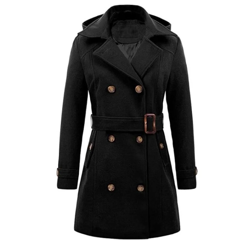  Female Hooded Woman Jackets Mid-length Double-breasted Ladies Overcoats Woolen Lapel Turndown CollarTop Winter Jacket Streetwear - Image 4