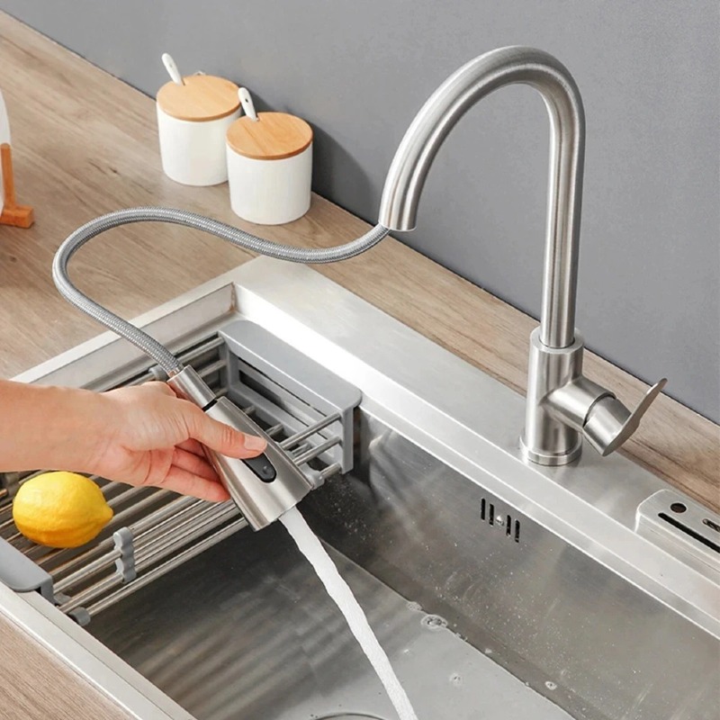 Kitchen Faucets Brushed Nickel Pull Out Kitchen Sink Water Tap Deck Mounted Mixer Stream Sprayer Head Hot Cold Taps Sliver - Image 2